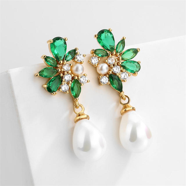Elegant wedding party emerald cubic izrcon pearl drop earrings