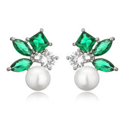 Elegant pearl bead emerald cubic zircon copper studs earrings