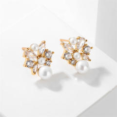 Elegant easy match color cubic zircon pearl bead copper studs earrings
