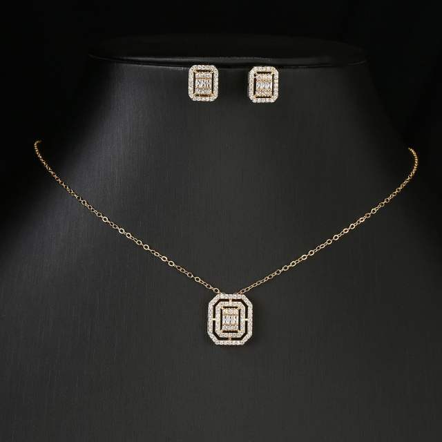 Delicate cubic zircon square pendant copper necklace set