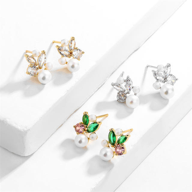 Korean fashion sweet elegant cubic zircon pearl bead studs earrings