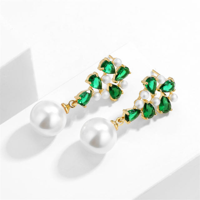 Holiday trend emerald cubic zircon pearl drop copper earrings