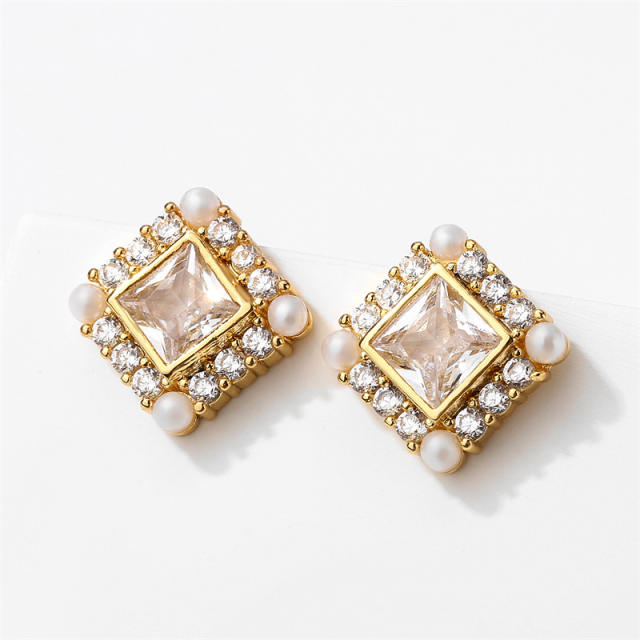 Chic OL easy match square shape cubic zircon pearl bead copper studs earrings