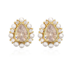 Chic tear drop cubic zircon water pearl bead copper studs earrings
