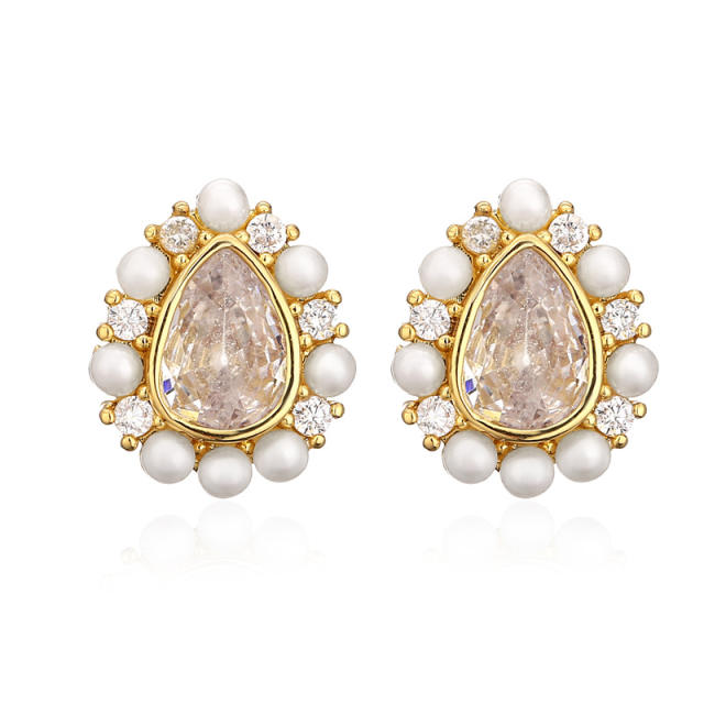 Chic tear drop cubic zircon water pearl bead copper studs earrings