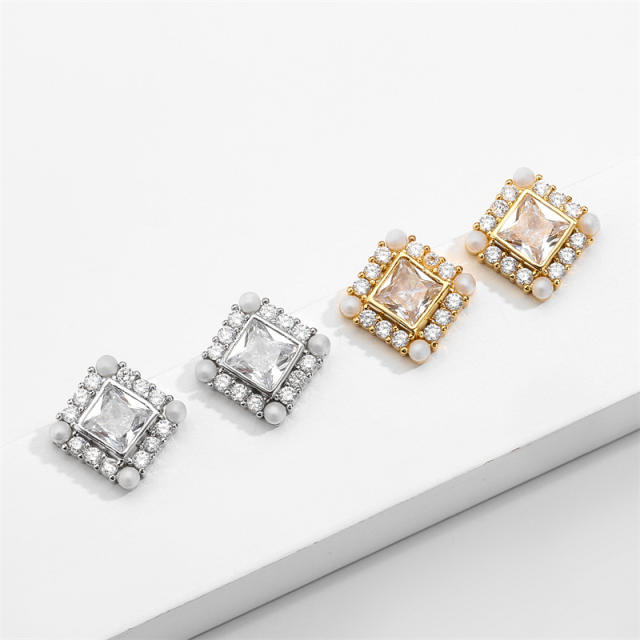 Chic OL easy match square shape cubic zircon pearl bead copper studs earrings