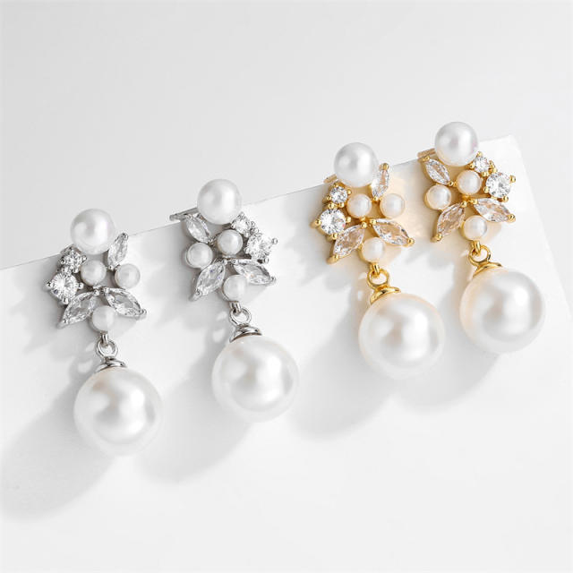 Elegant cubic zircon pearl bead drop wedding earrings