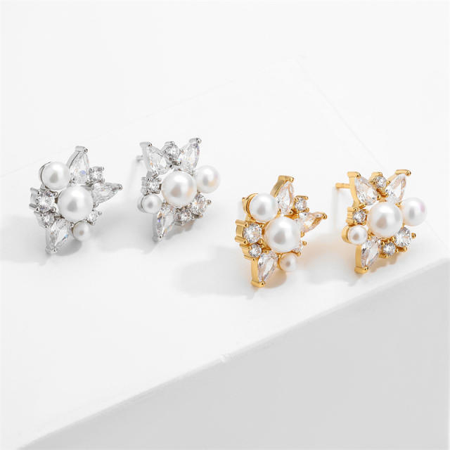 Chic pearl bead cubic zircon copper studs earrings