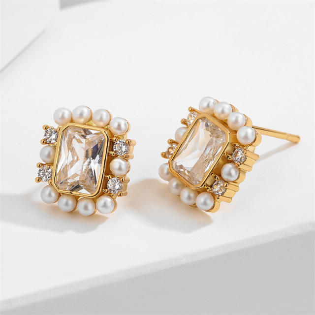 Elegant pearl bead cubic zircon copper studs earrings