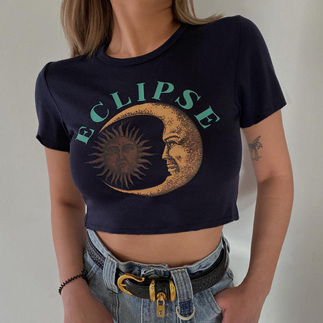 Summer Y2K black color moon sun pattern cropped tops