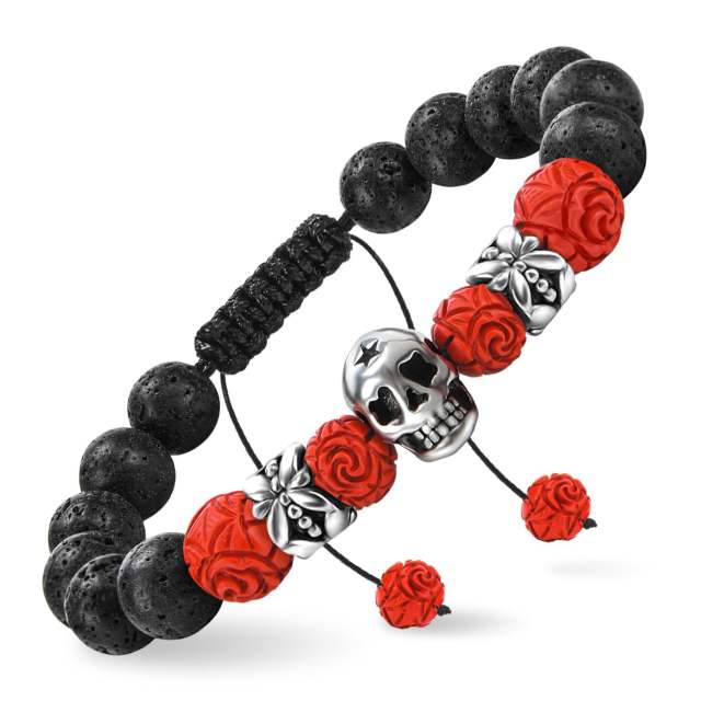 Halloween rose flower Volcanic rock bead skull head bracelet