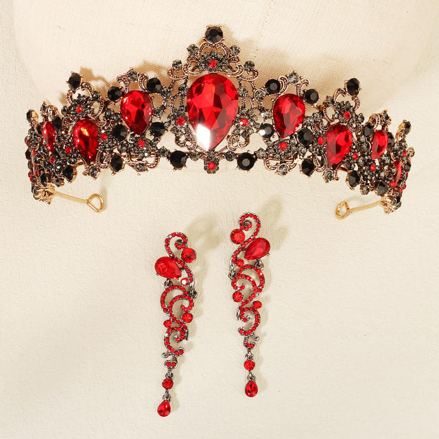 Halloween party red black color diamond crown mask earrings set