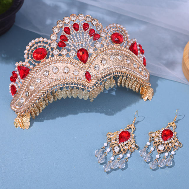 Vintage national trend glass crystal statement tassel crown earrings set