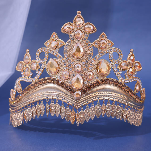 Vintage national trend glass crystal statement tassel crown earrings set