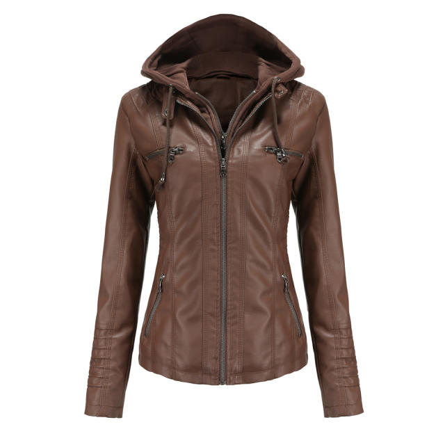 Casual Detachable hat pu leather women jacket plus size