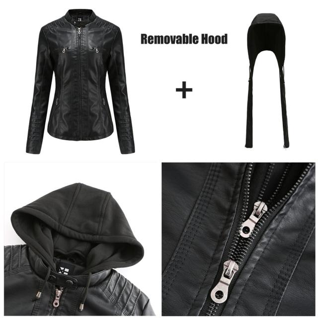 Casual Detachable hat pu leather women jacket plus size