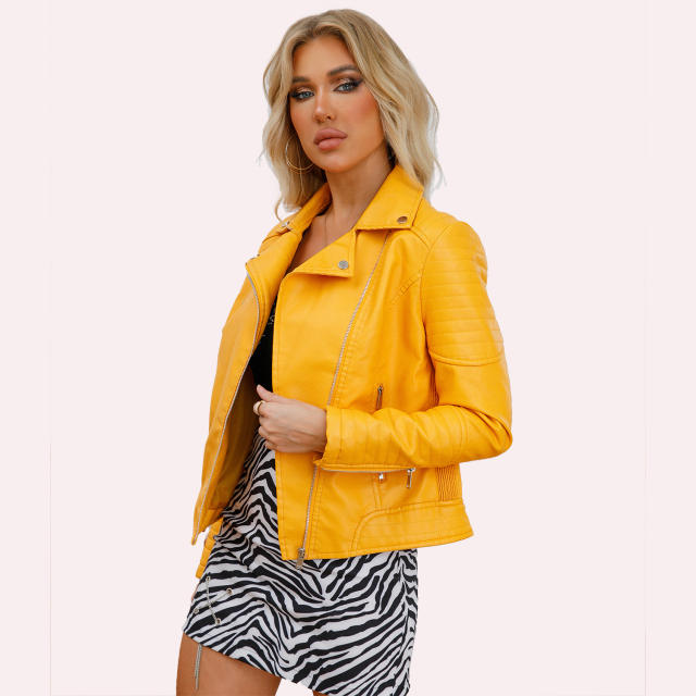 Popular plain color PU material zipper short women jacket