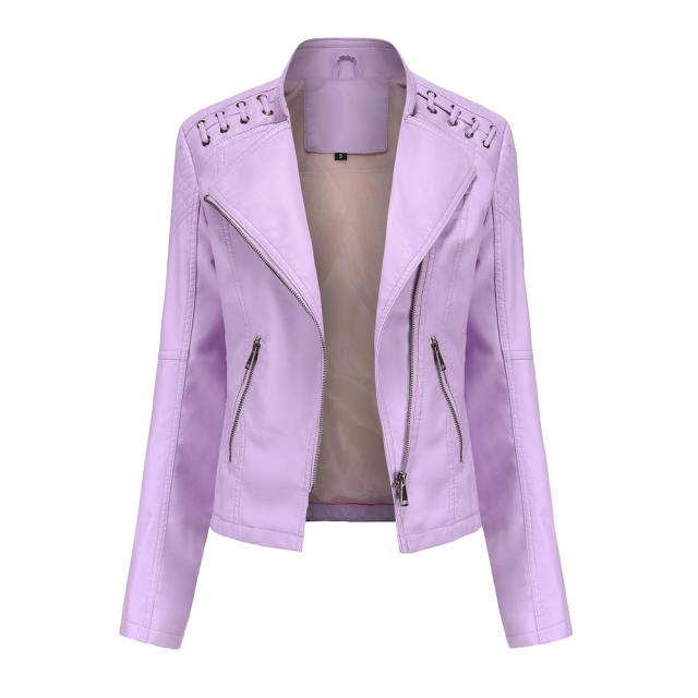 Spring Autumn plain color PU leather zipper women jacket