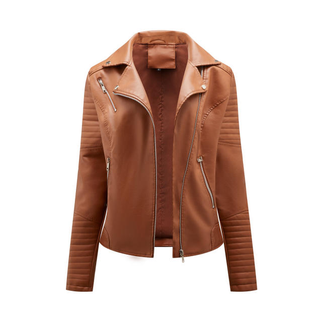Popular plain color PU material zipper short women jacket