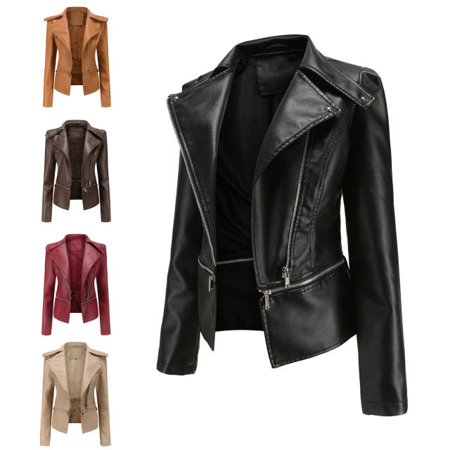 Spring autumn design PU leather zipper women jacket