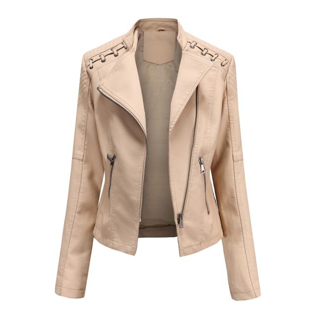 Spring Autumn plain color PU leather zipper women jacket