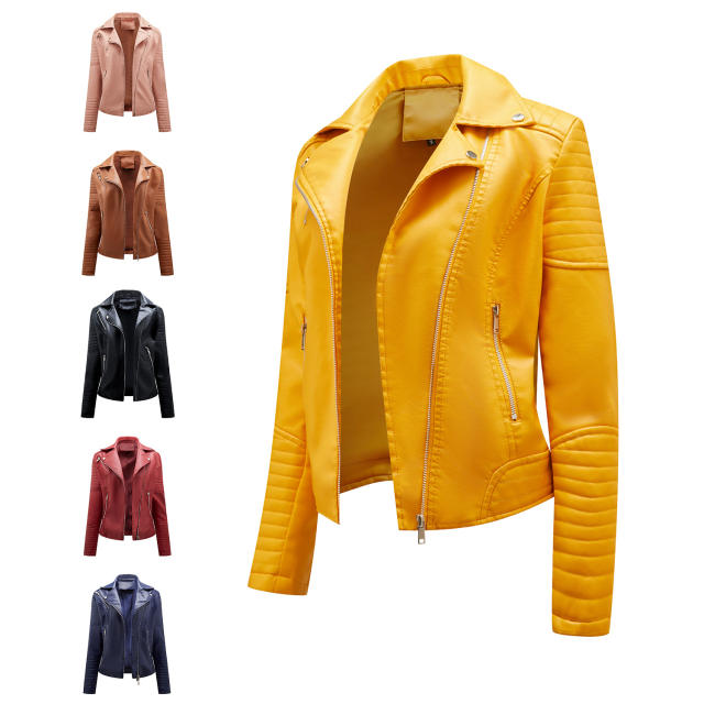 Popular plain color PU material zipper short women jacket