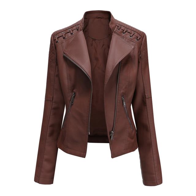 Spring Autumn plain color PU leather zipper women jacket