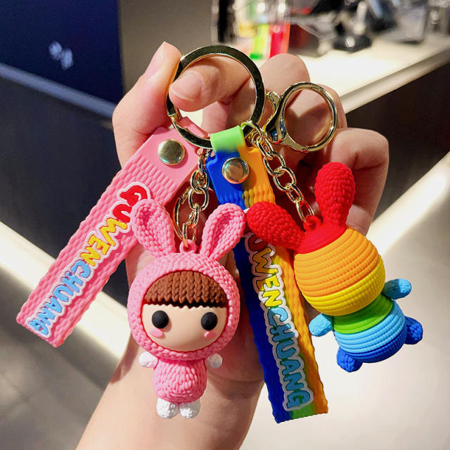 Cute knitted wool rainbow rabbit cartoon keychain
