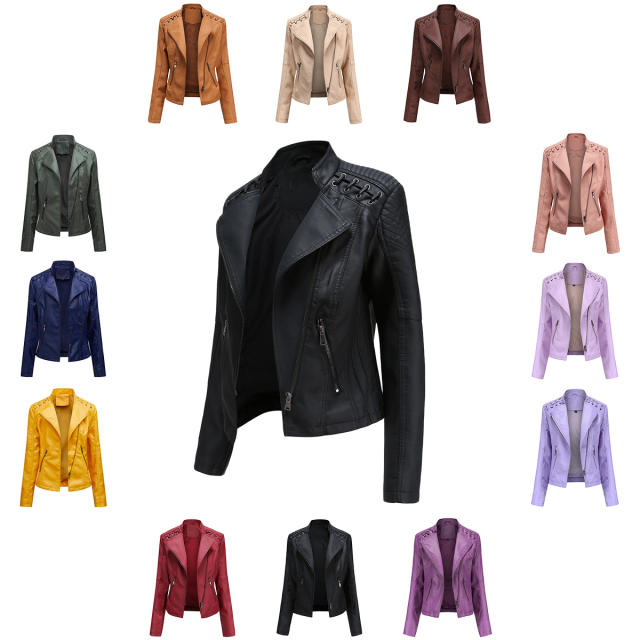 Spring Autumn plain color PU leather zipper women jacket