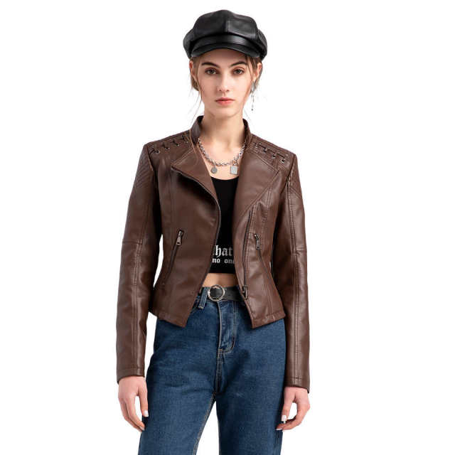 Spring Autumn plain color PU leather zipper women jacket