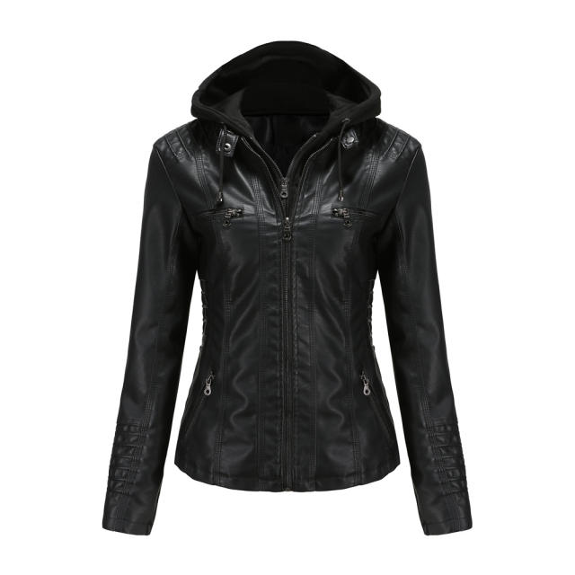 Casual Detachable hat pu leather women jacket plus size