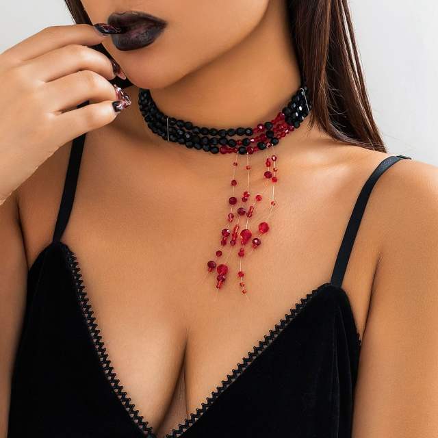 Gothic hallowe black bead imitation blood drop choker necklace for women