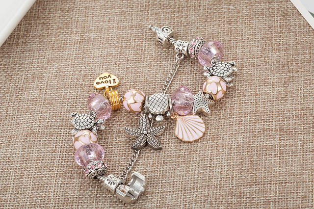 Ocean sereis starfish charm sweet pink color crystal bead diy bracelet