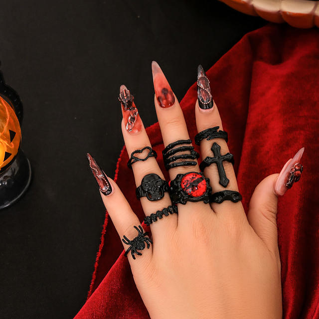 Hiphop punk trend gothic halloween stackable rings set black rings