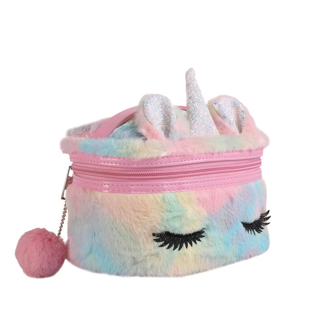 Cartoon big eye fluffy large storage cosmetic bag for kids