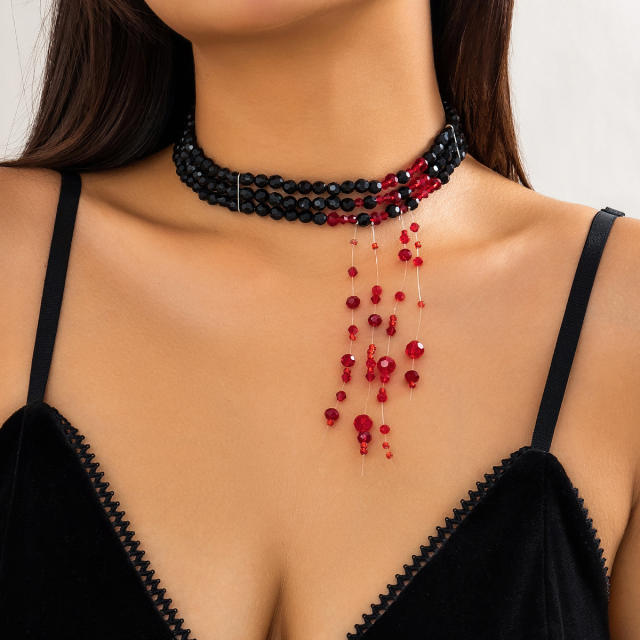 Gothic hallowe black bead imitation blood drop choker necklace for women