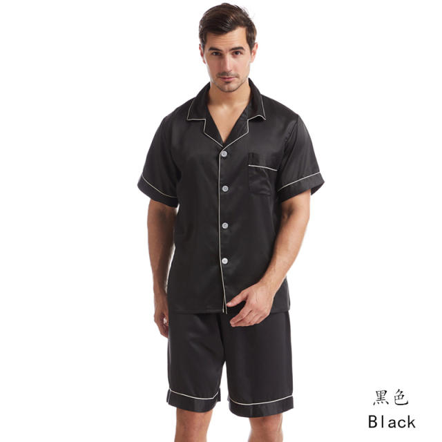 Plain color summer satin short pajamas set for men