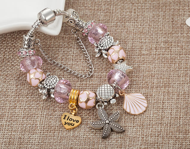 Ocean sereis starfish charm sweet pink color crystal bead diy bracelet