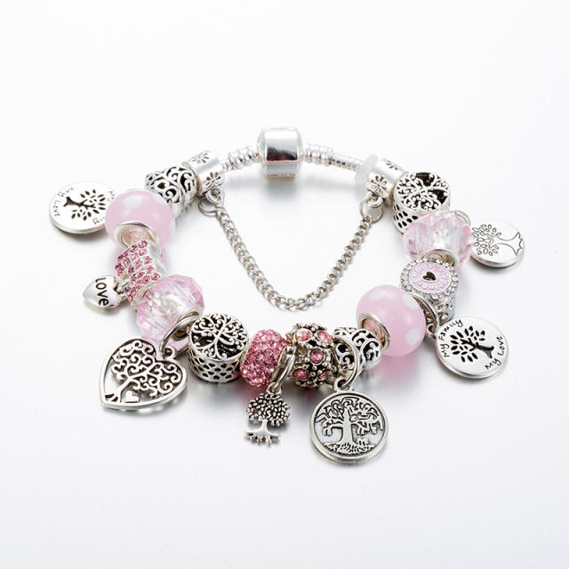 Hot sale life tree charm pink color bead diy bracelet of famous brand