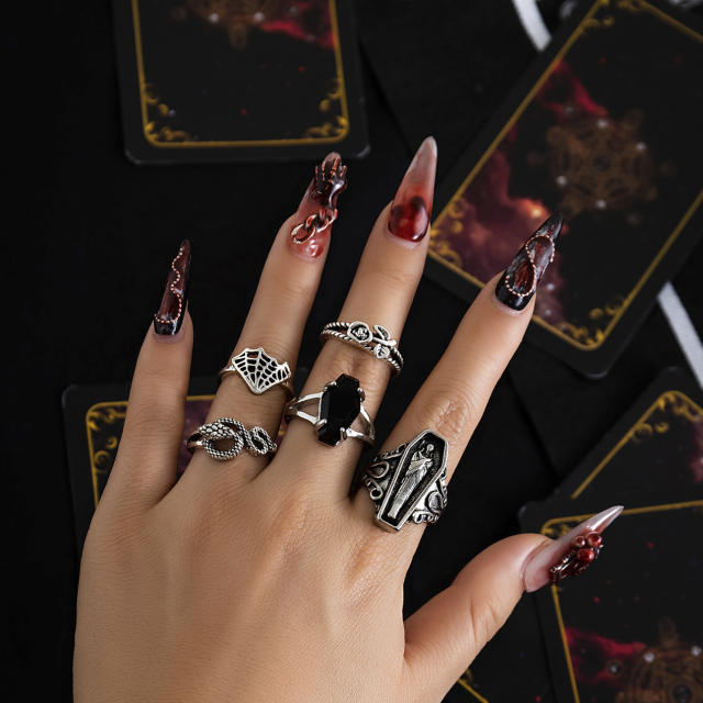 Hiphop punk trend gothic halloween stackable rings set black rings