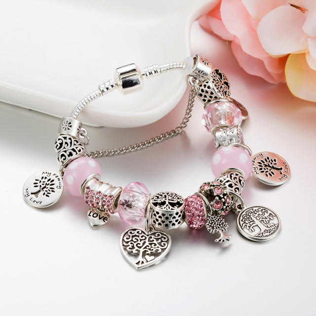 Hot sale life tree charm pink color bead diy bracelet of famous brand
