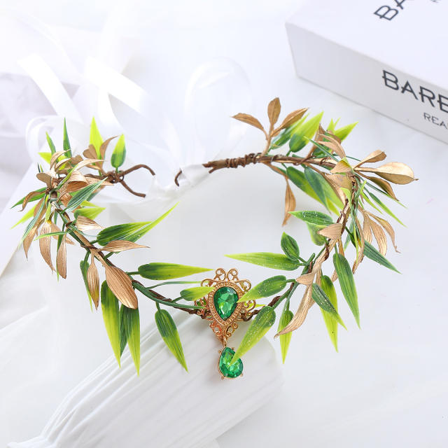 women fairy costume baroque fresh green color leaf flower crown