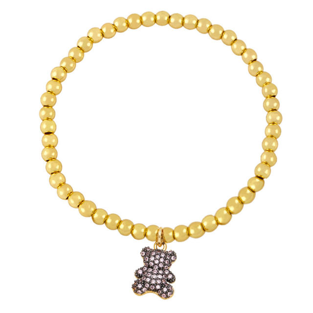 Cute color diamond bear charm 18k gold plated copper bead elastic bracelet