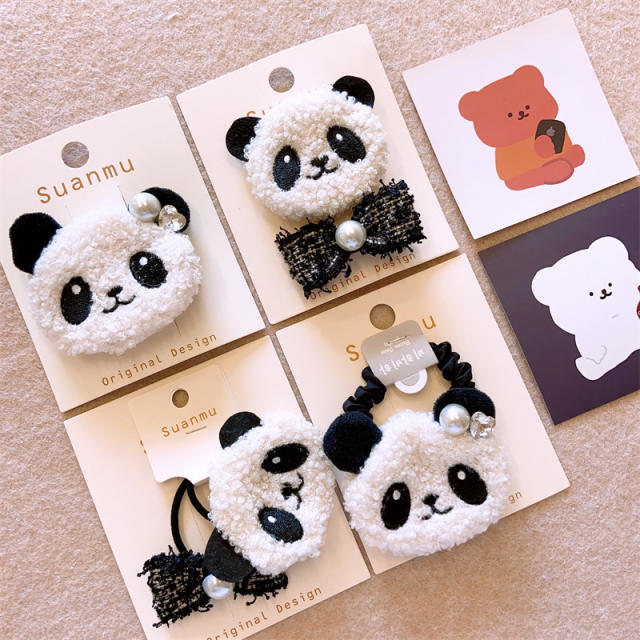 Autumn winter design fluffy panda kids hair clips hair ties set