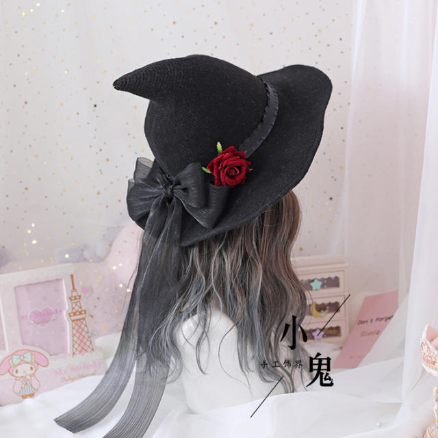 Lolita red rose flower ribbon bow witches hat halloween hat