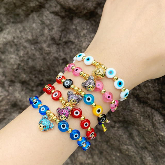 Vintage diamond bear charm colorfule evil eye bead women bracelet