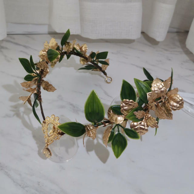 Baroque gold mix green leaf design women fairy costume flower crown