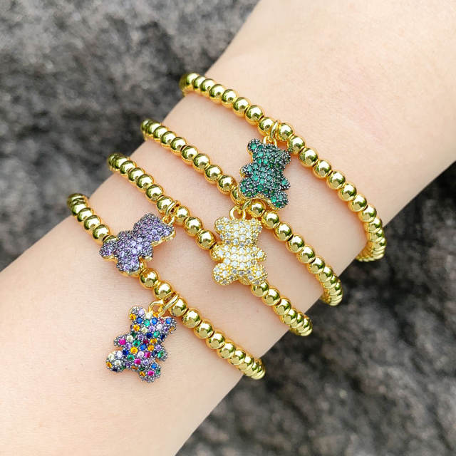 Cute color diamond bear charm 18k gold plated copper bead elastic bracelet
