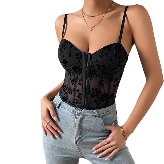 Y2K black color flower embroidery camisole corset tops