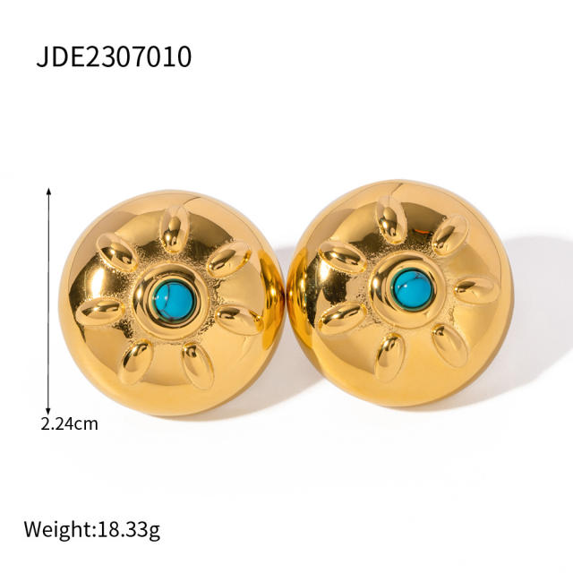 18KG turquoise bead round shape stainless steel earrings